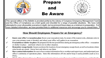 Cover Page of the Library of Congress / Office of Compliance Joint Special Edition: Prepare and Be Aware pdf