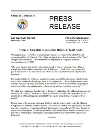 press release office of compliance welcomes results of gao audit cover page