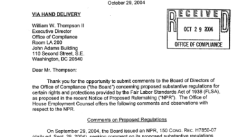 Cover Page Of The Office of the House Employment Counsel: Comments Received on Proposed Rulemaking on Fair Labor Standards Act - October 29, 2004 PDF