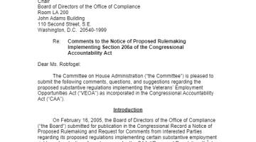 Cover Page Of The Committee on House Administration: Comments to the Notice of Proposed Rulemaking Implementing Section 206a of the Congressional Accountability Act - March 17, 2005 PDF