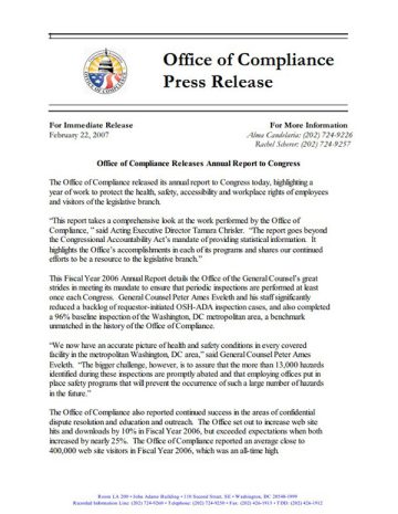 press release office of compliance releases annual report to congress cover page