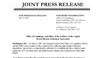 Cover Page of the Office of Compliance and Office of the Architect of the Capitol Reach Historic Settlement Agreement pdf