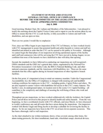 Cover Page Of The Statement Of Peter Ames Eveleth General Counsel Office Of Compliance Before The Subcommittee On The Legislative Branch House Appropriations Committee July 8 2008 PDF