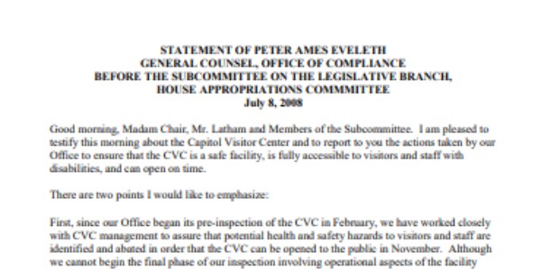 Featured Image Of The Statement Of Peter Ames Eveleth General Counsel Office Of Compliance Before The Subcommittee On The Legislative Branch House Appropriations Committee July 8 2008 PDF