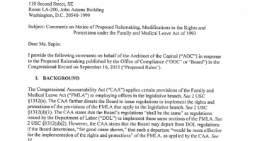 Cover Page Of The Office of the Architect of the Capitol: Comments on the Proposed Rulemaking, Modifications to the Rights and Protections under the Family and Medical Leave Act of 1993 - November 16, 2015 PDF