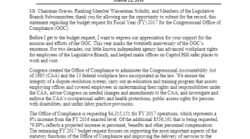 Cover Page of the Statement of Barbara J. Sapin, Executive Director, Office of Compliance, Before the Subcommittee on the Legislative Branch, Committee on Appropriations, United States House of Representatives - Fiscal Year 2017 Budget Request - March 22, 2016 pdf