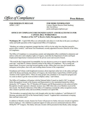 office of compliance recognizes safety and health focus for capitol hill workforce cover page