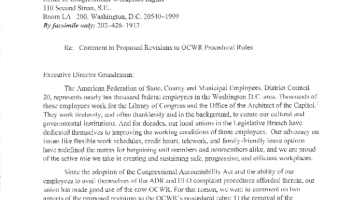 Cover Page Of The AFSCME: Comments to Proposed Revisions to OCWR Procedural Rules - May 10, 2019 PDF