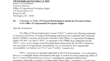 Cover Page Of The Office of House Employment Counsel: Comments on Notice of Proposed Rulemaking to Amend Procedural Rules of the OCWR - May 10, 2019 PDF