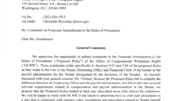 Cover Page Of The U.S. Senate Disbursing Office: Comments on Proposed Amendments to the Rules of Procedure - May 10, 2019 PDF