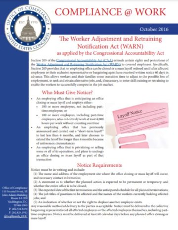 Cover Page Of The Compliance At Work The Worker Adjustment And Retraining Notification Act (WARN) As Applied By The Congressional Accountability Act PDF