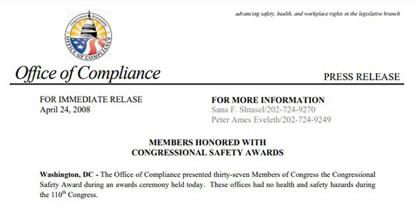 Featured Image of the Members Honored with Congressional Safety Awards PDF