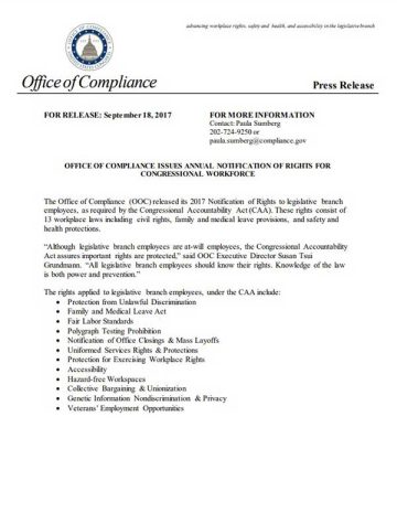 Cover Page Of The Office of Compliance Issues Annual Notification of Rights for Congressional Workforce PDF