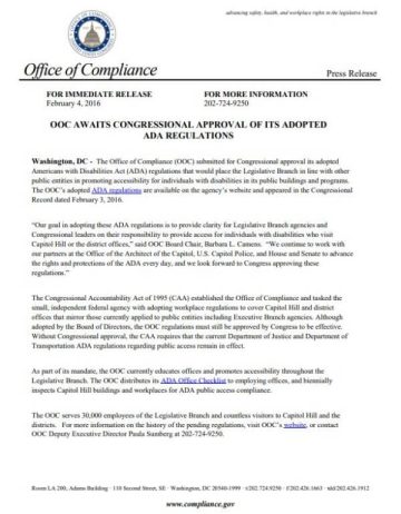 Cover of the OOC Awaits Congressional Approval of its Adopted ADA Regulations pdf