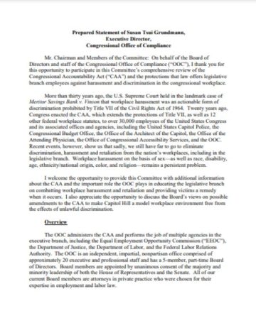 Cover Page Of The Prepared Statement Of Susan Tsui Grundmann Executive Director Congressional Office Of Compliance December 7 2017 PDF