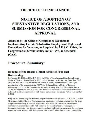 Cover Page Of The Notice of Adoption of Substantive Regulations, and Submission for Congressional Approval - Adoption of the Office of Compliance Regulations Implementing Certain Substantive Employment Rights and Protections for Veterans, as Required by 2 U.S.C. 1316a, the Congressional Accountability Act of 1995, as Amended (CAA) - 200800321 PDF