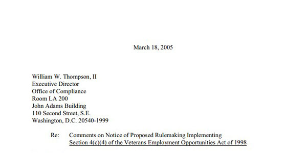 Featured Image of the Office of Senate Chief Counsel for Employment: Comments on Notice of Proposed Rulemaking Implementing Sec. 4(c)(4) of the Veterans Employment Opportunities Act of 1998