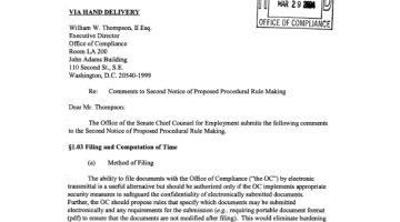 Cover Page Of The Senate Chief Counsel for Employment: Comments to Second Notice of Proposed Procedural Rule Making - March 29, 2004 PDF